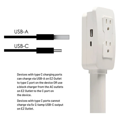 Electrical Outlet Extender Access Hard-to-Reach Outlets Power Socket 2 AC USB-A USB-C Wall Charger